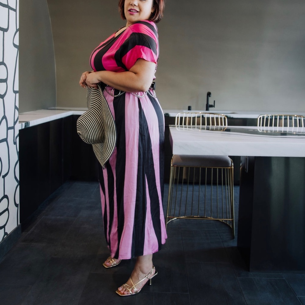 Plus Size Pink Stripe Short Sleeve Sheath Dress - Picture 2 of 6